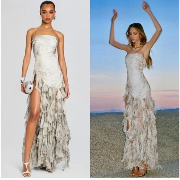 Retrofete Dresses & Skirts - RETROFETE Silk Chiffon Strapless Corset Back Side Slit Ruffle Skirt Gown XS